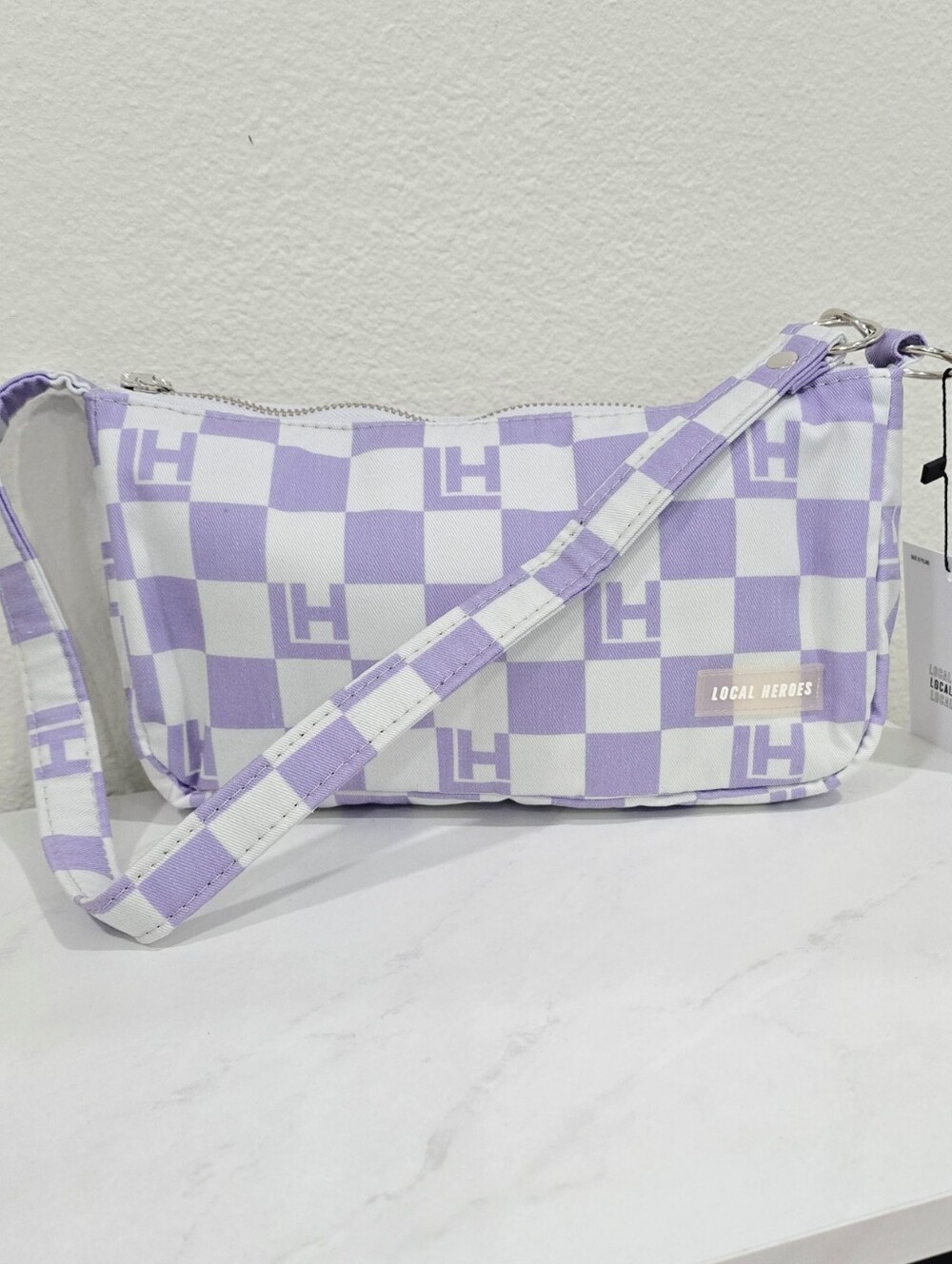 Local Heroes ✦ Vichy Checkered Baguette Bag ✦ Purple White Logo Shoulder Bag NWT - Picture 4 of 11